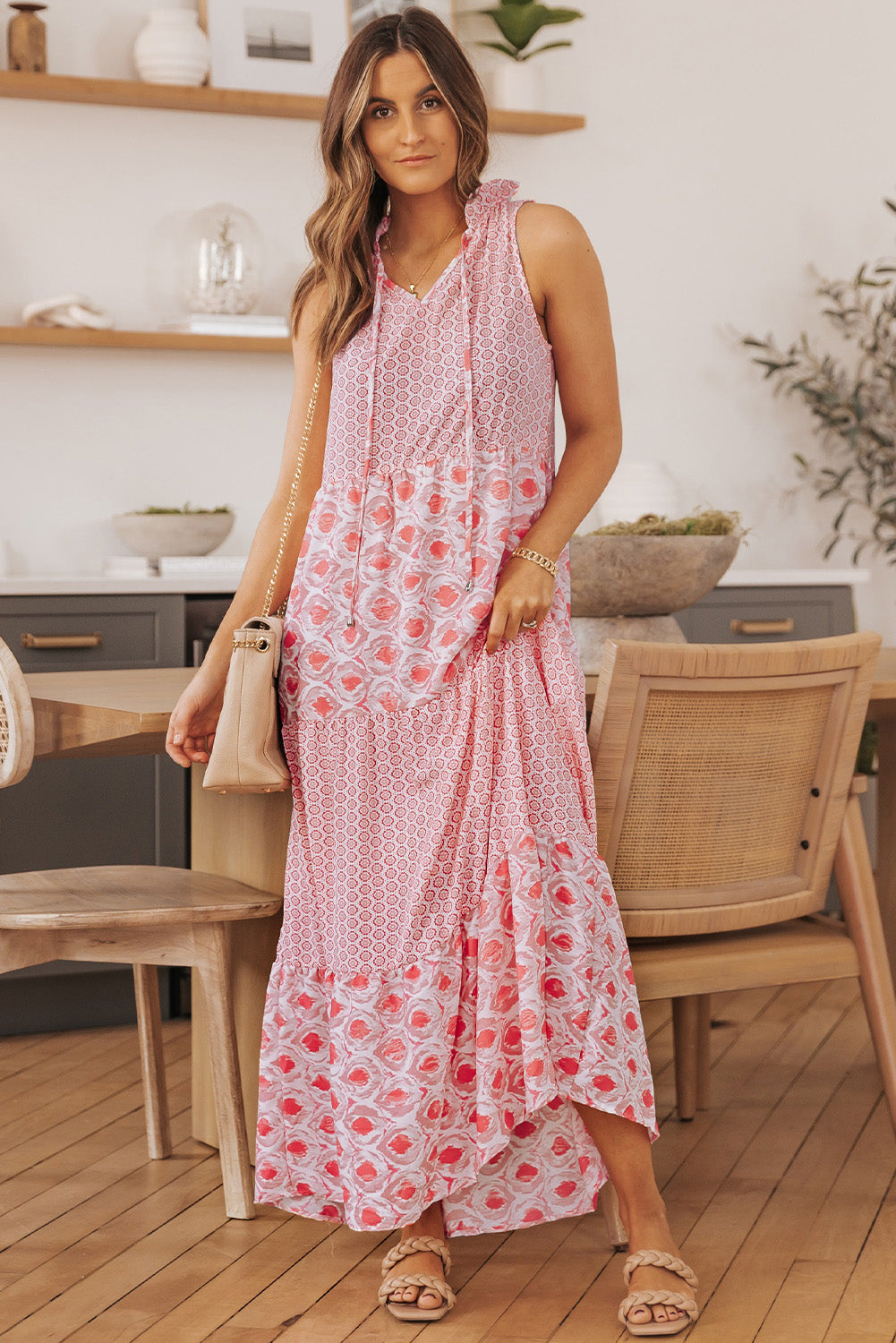 Patchwork Mixed Print Tie-Neck Sleeveless Maxi Dress