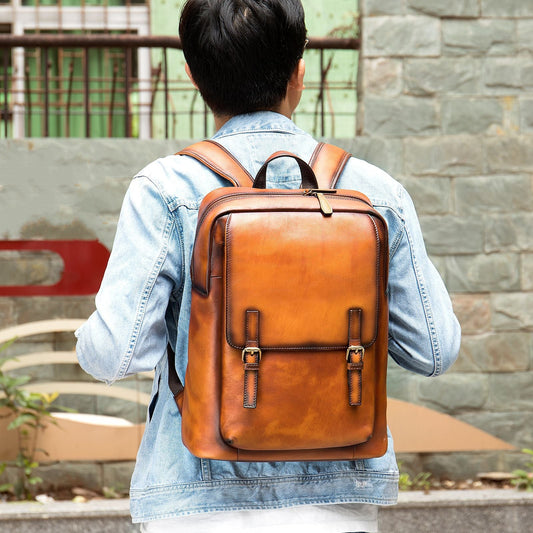 Raw Schoolbag Tree Cream Leather Hand-painted Men's Backpack