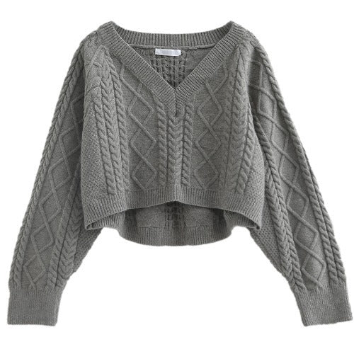 Loose Little Twist V-neck Bat Sleeve Pullover Long-sleeved Sweater