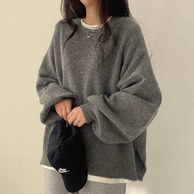 Crew Neck Pullover Lantern Sleeve Loose Sweater For Women