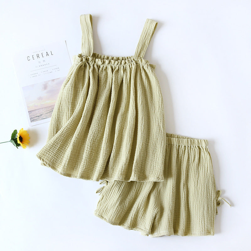 Cotton Crepe Suspender Shorts Vest Set