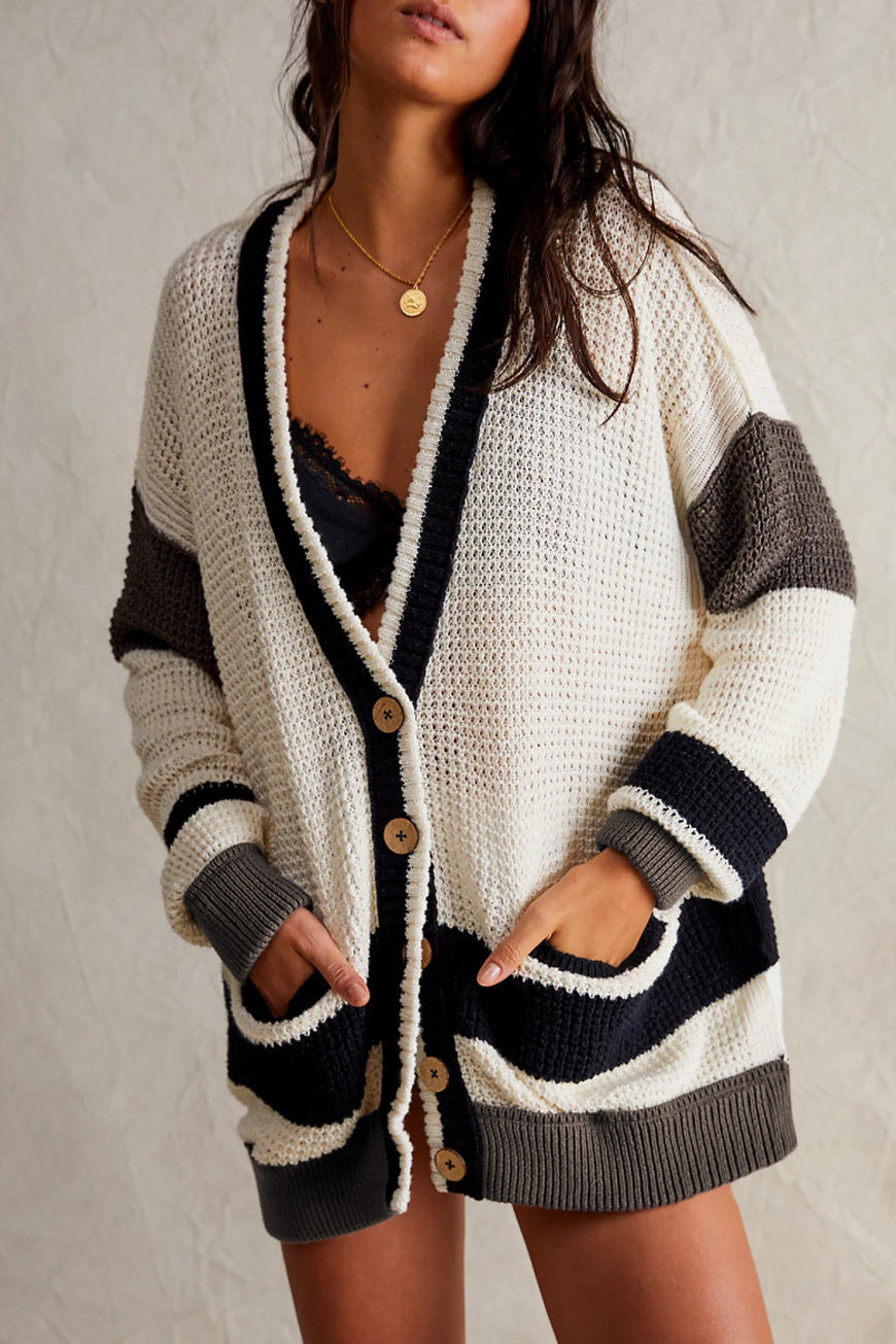 Knitted Coat Full Size Pocket Color Matching Cardigan Sweater