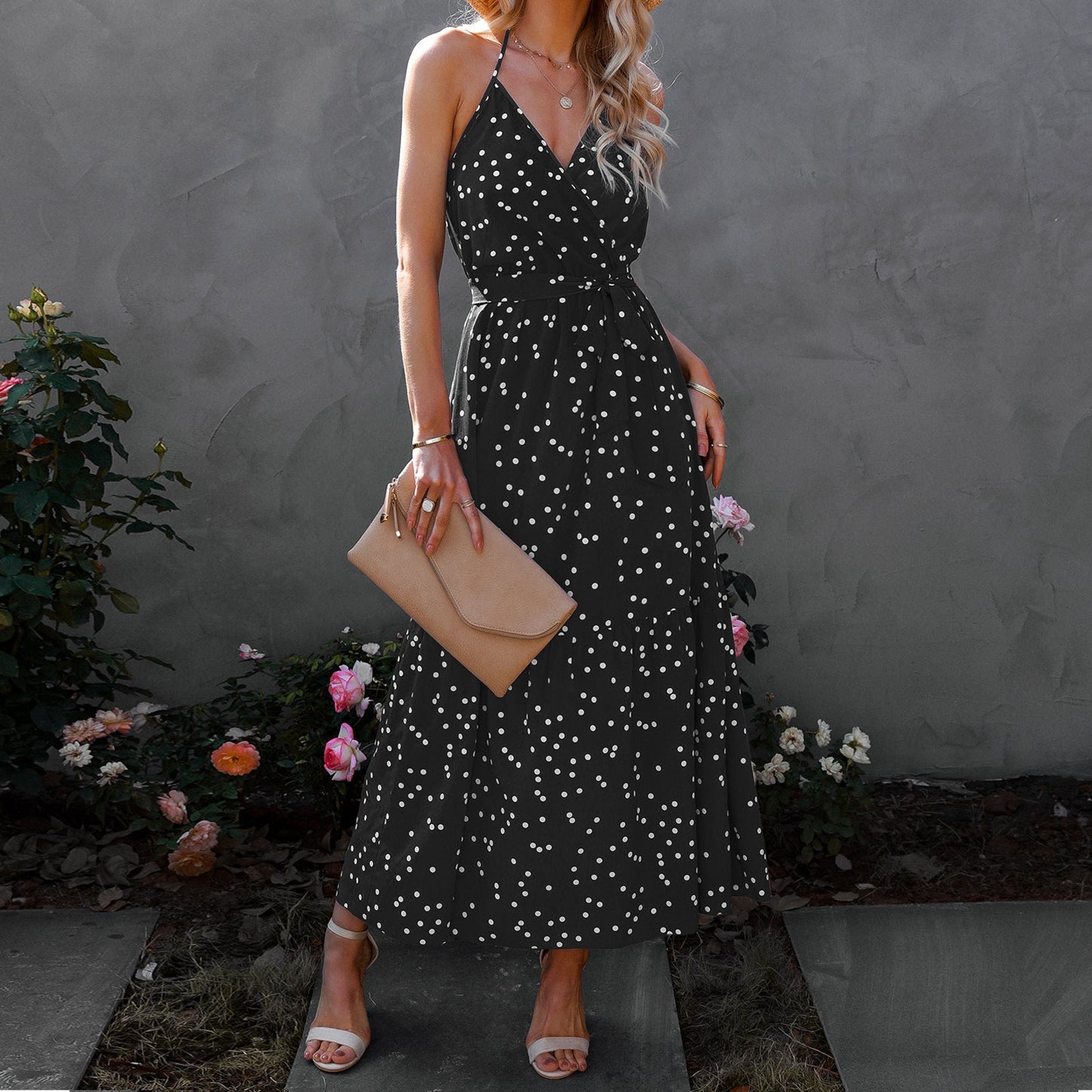 Women's V-Neck Strap Polka Dot Long Dress