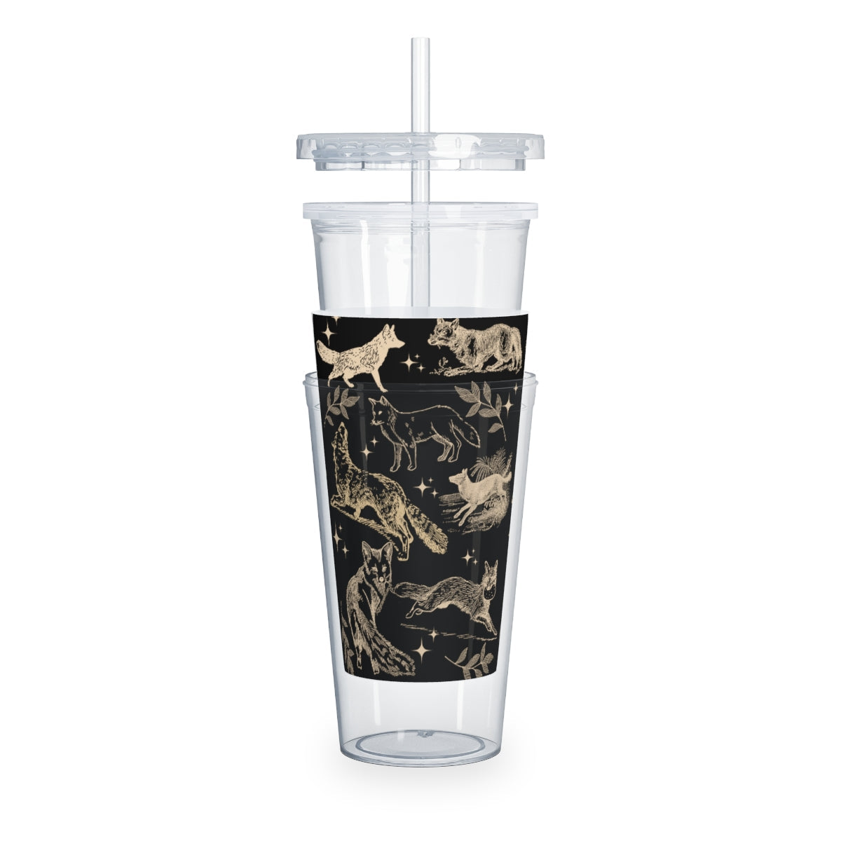 Black Fox Plastic Tumbler with Straw, Trendy Fox Lover Favorite Animal Iced Coffee Tumbler