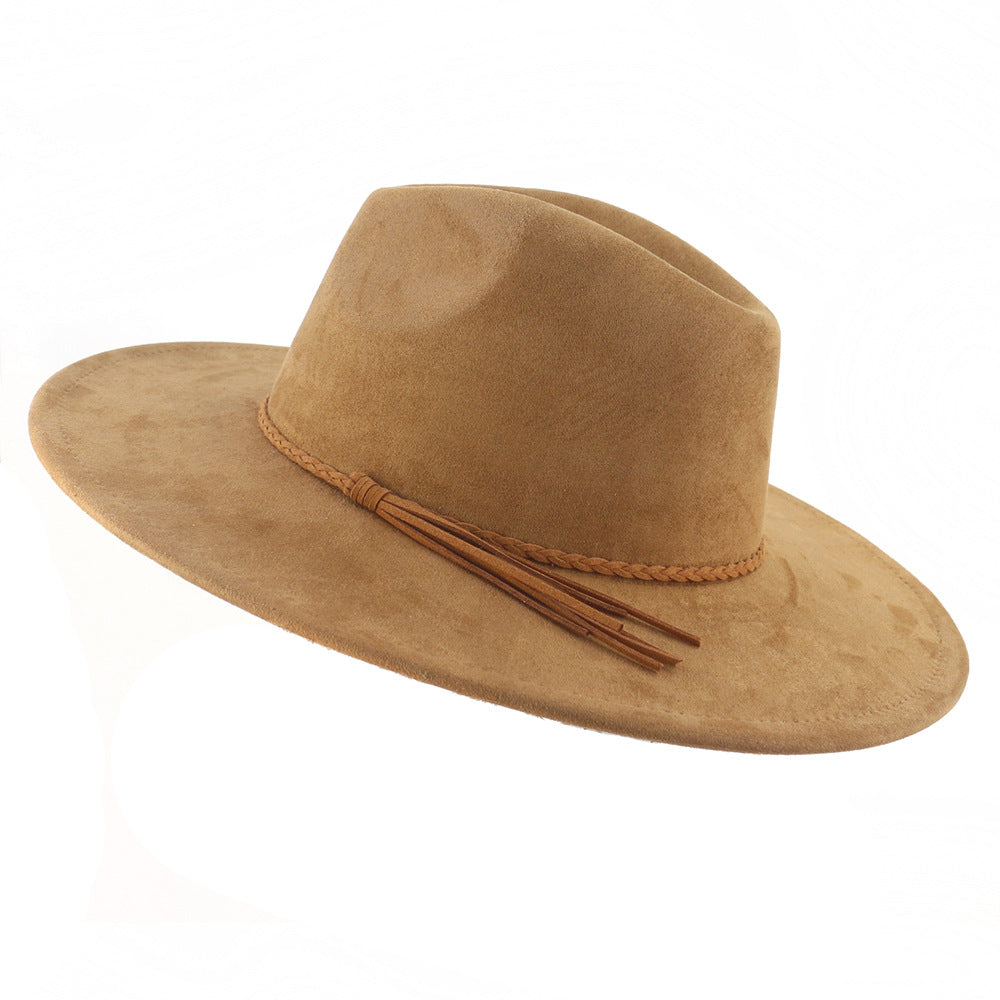 Flat Brim Women's 10cm Brim Suede Peach Top Tassel Hat