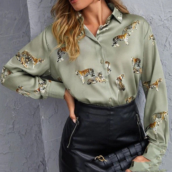 Printed Long-sleeved Lapel Single Breasted Tiger Print Shirt