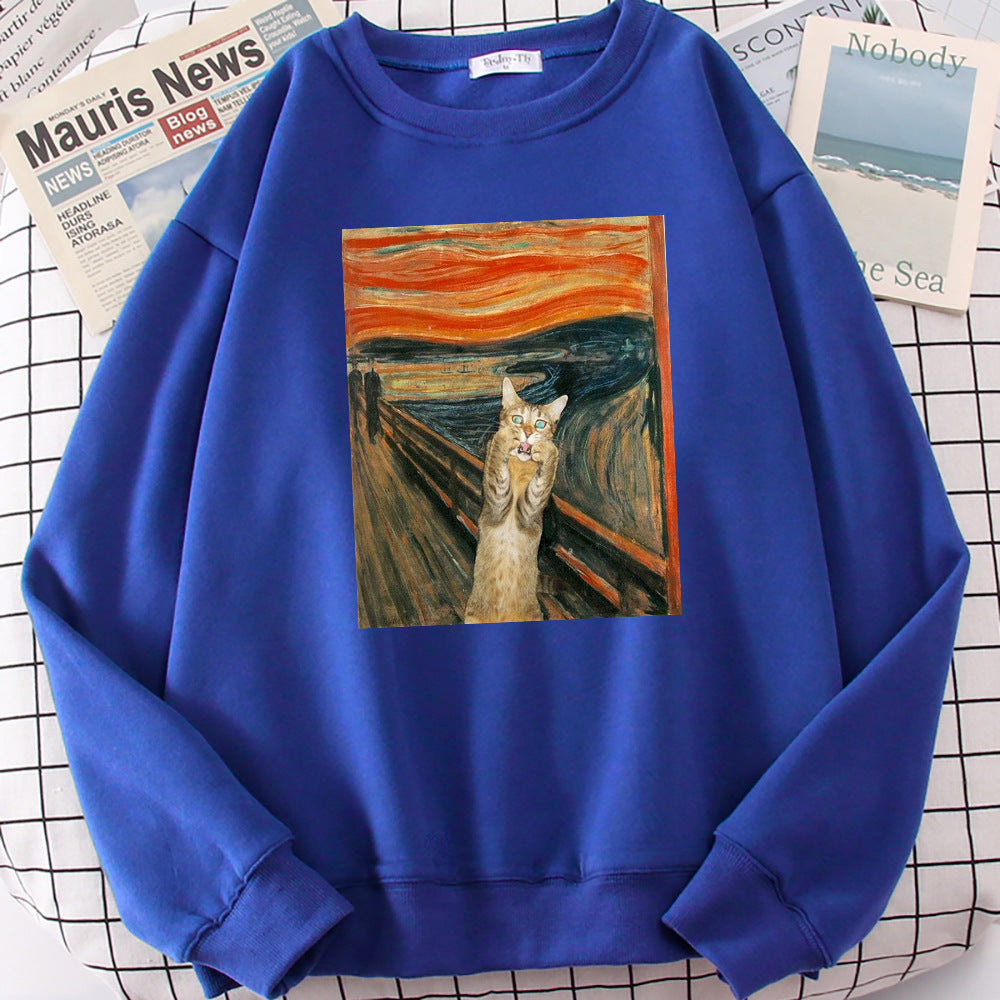 Oil Painting Cat's Dusk Print Pullover Women's Loose Fleece Round-neck Pullover