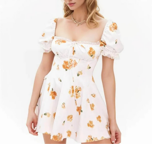 White Floral Puff Sleeve Mini Dress