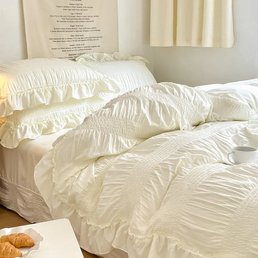 Korean Lace Seersucker Ins Style Washed Cotton 4-piece Bed Sheet Quilt Cover Solid Color Duvet Cover For Girl Spring Decor Home
