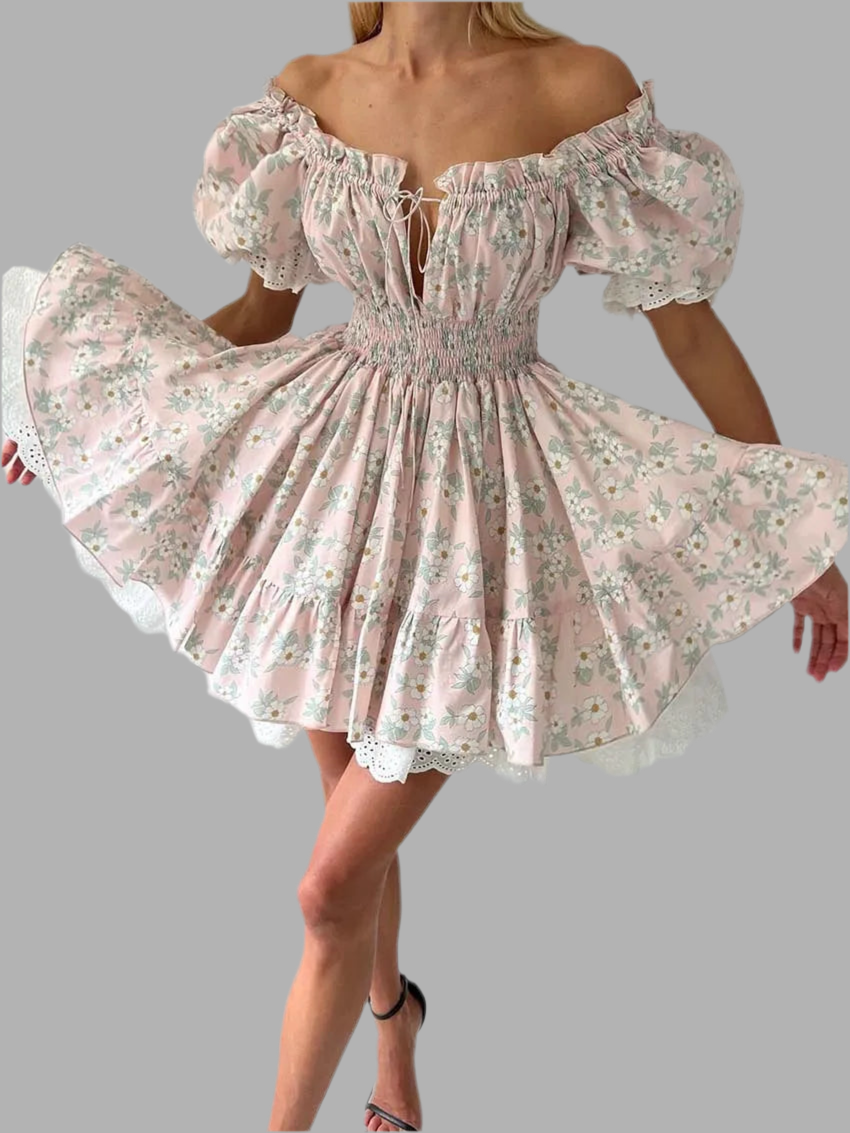 Puff Sleeve Tie Up Elastic Puff Sleeve Mini Dress