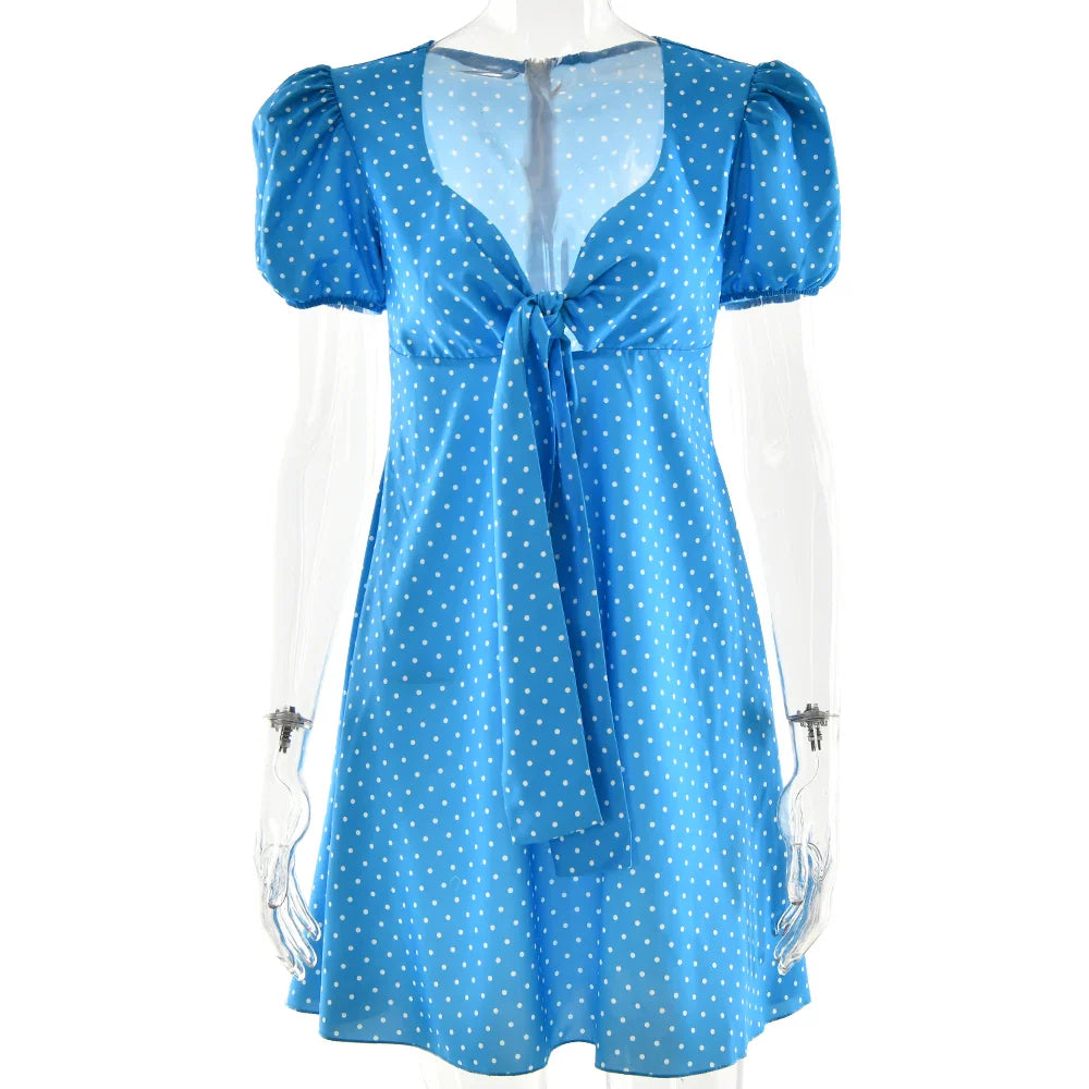 Short Sleeve Tie Up Polka Dot A-Line Mini Dress
