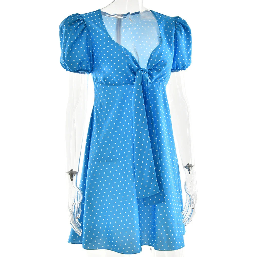 Short Sleeve Tie Up Polka Dot A-Line Mini Dress