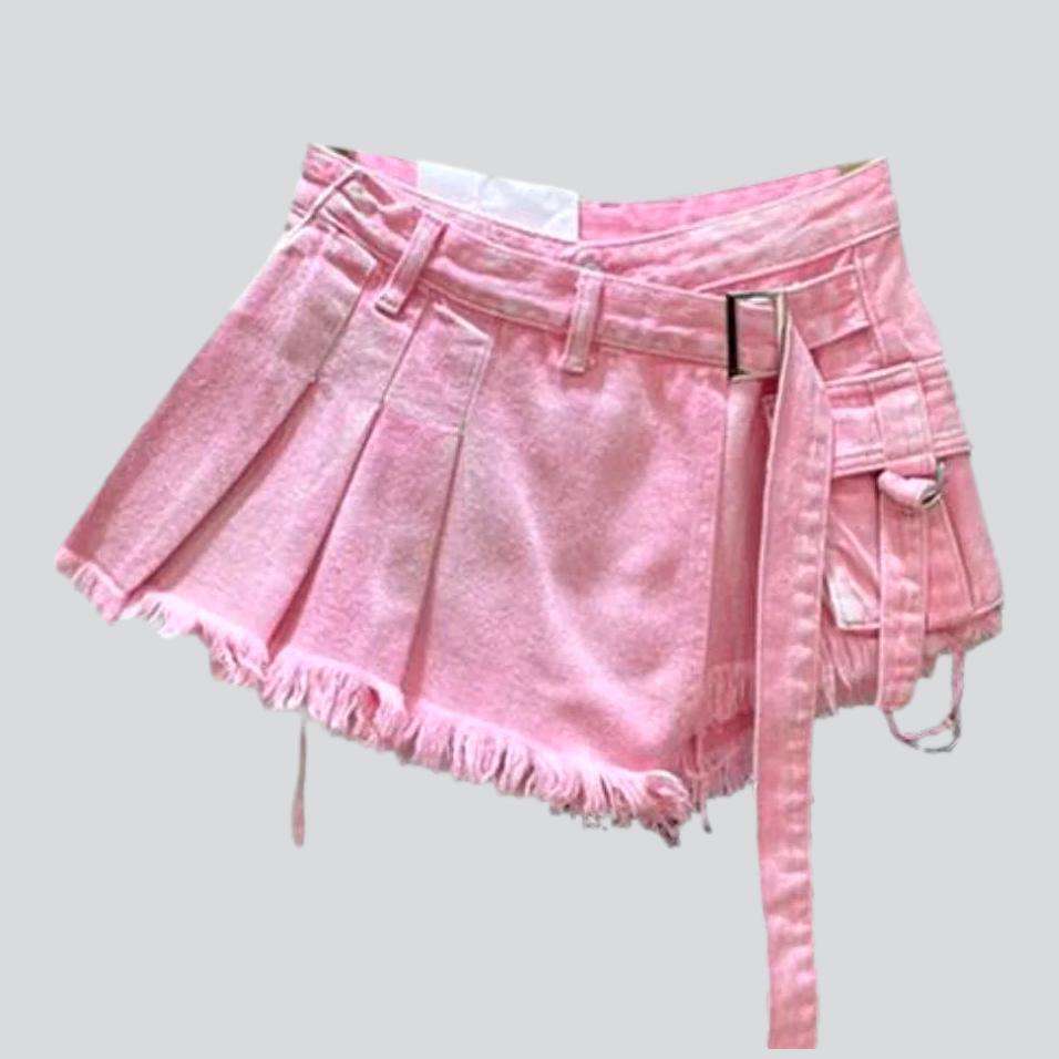 Asymmetric pleated mini denim skort
