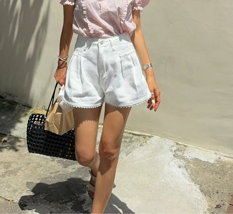 Lace Trim High Waist Denim Shorts - Casual Loose Fit