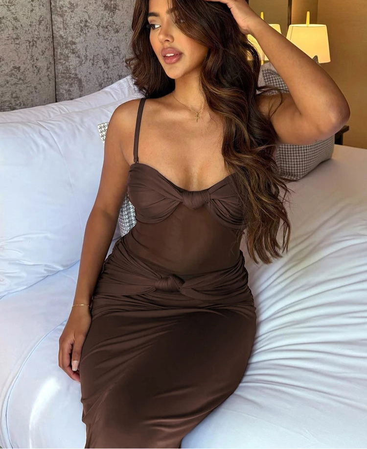 Knotted Mesh Strappy Midi Dress