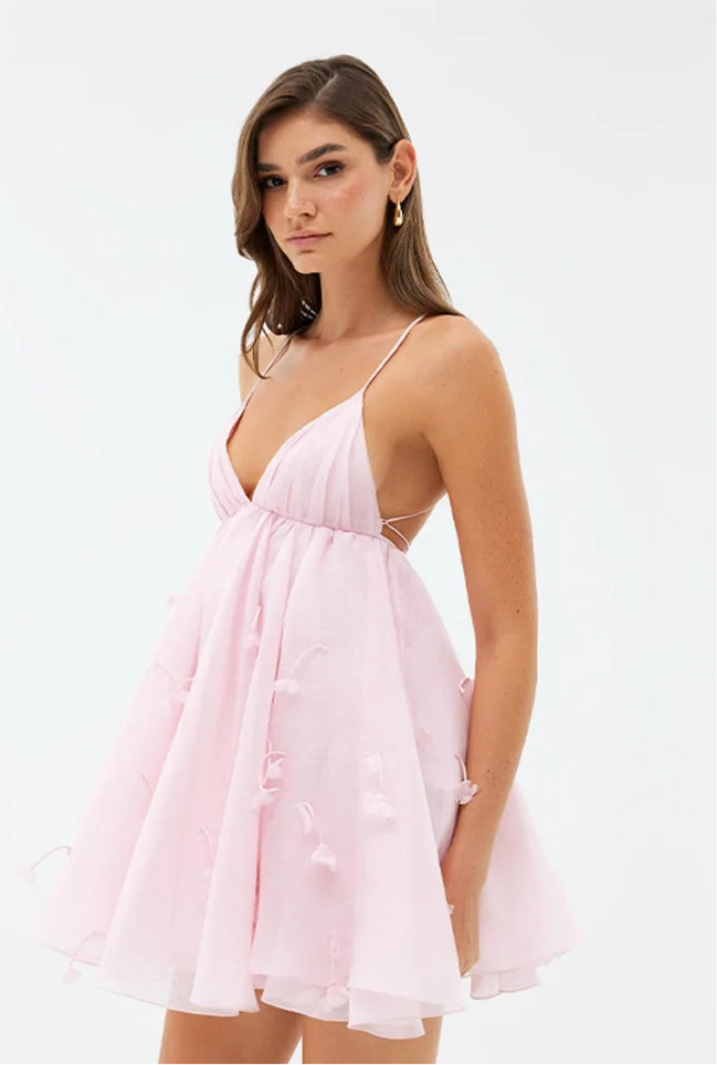 Pink Flare Cami Mini Dress - V-Neck Tie-Up