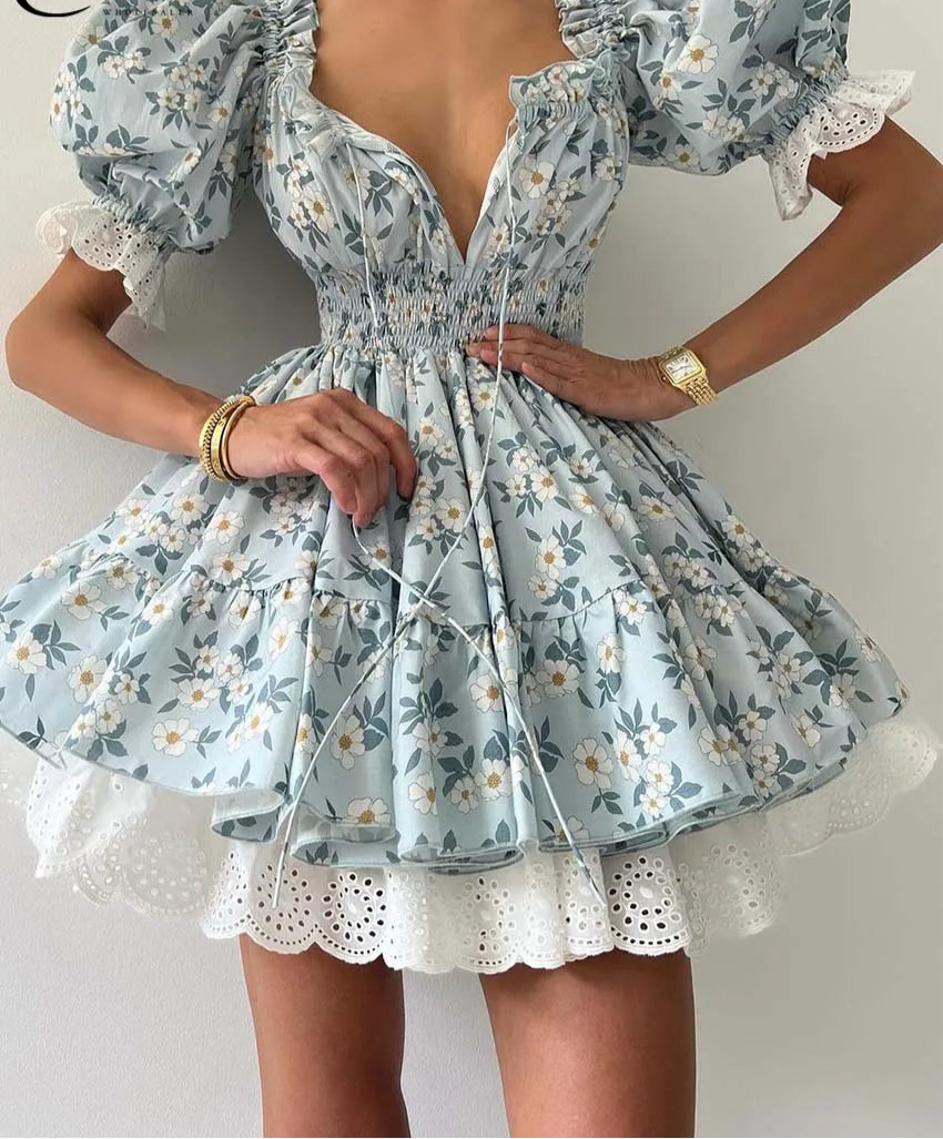 Puff Sleeve Tie Up Elastic Puff Sleeve Mini Dress