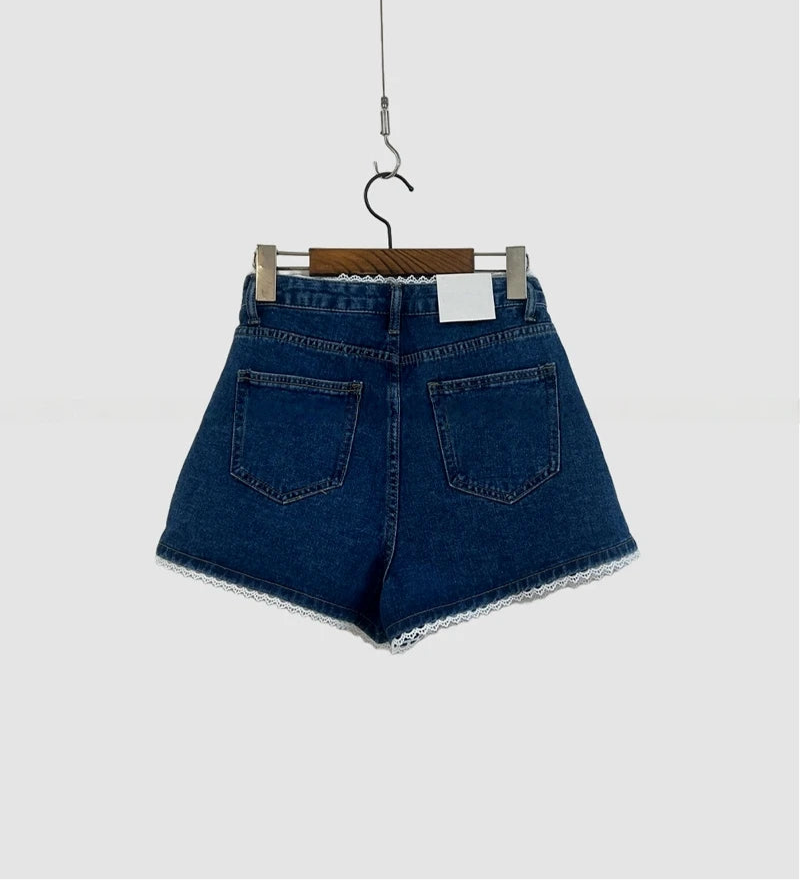 Lace Trim High Waist Denim Shorts - Casual Loose Fit