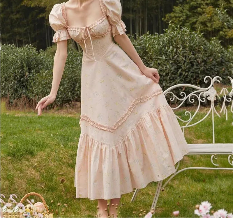 Floral Print Puff Ruffles Sleeve Midi Dress