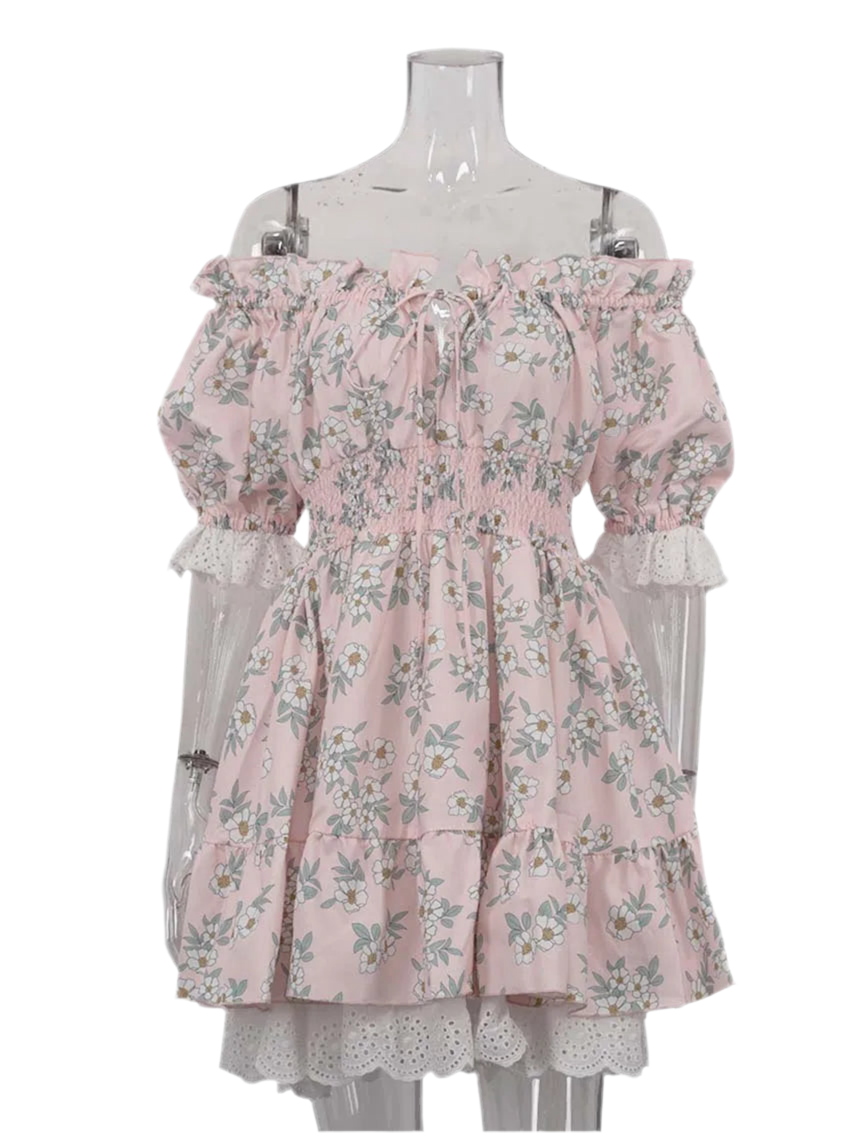 Puff Sleeve Tie Up Elastic Puff Sleeve Mini Dress