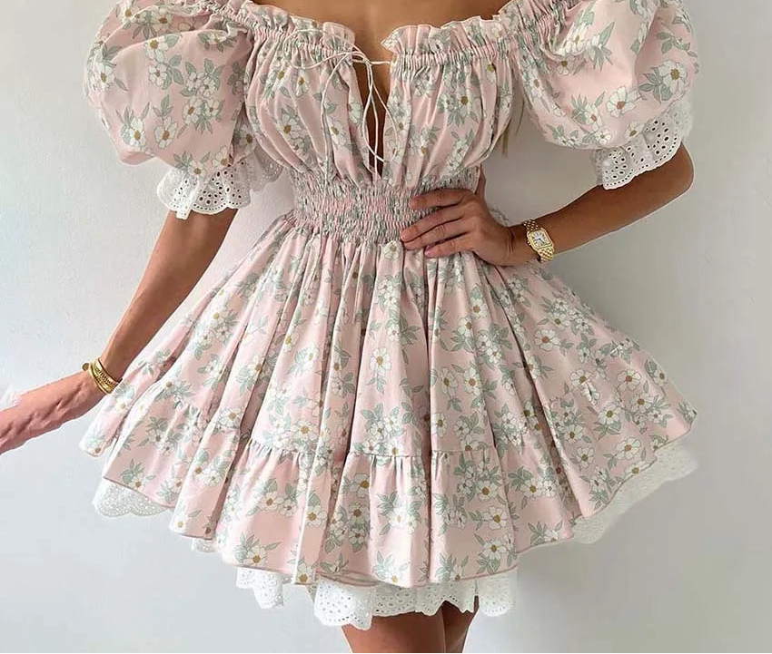 Puff Sleeve Tie Up Elastic Puff Sleeve Mini Dress