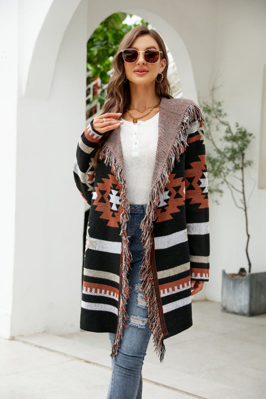 Women's Fringed Geometric Jacquard Sweater Cardigan