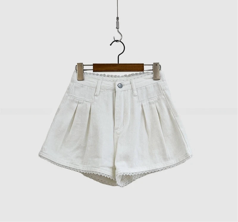 Lace Trim High Waist Denim Shorts - Casual Loose Fit
