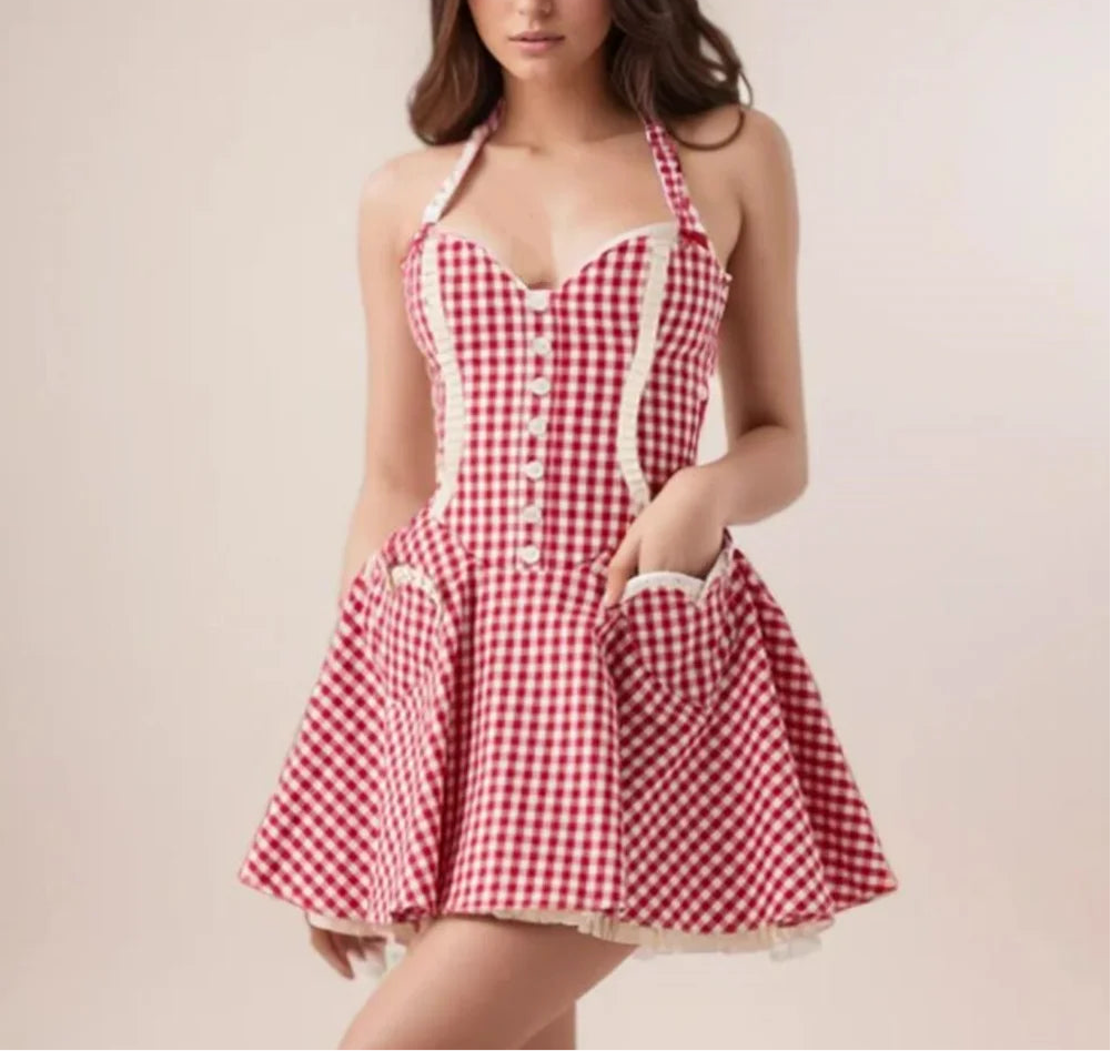 Red Plaid Print Heart Shaped Pocket Halter Mini Dress