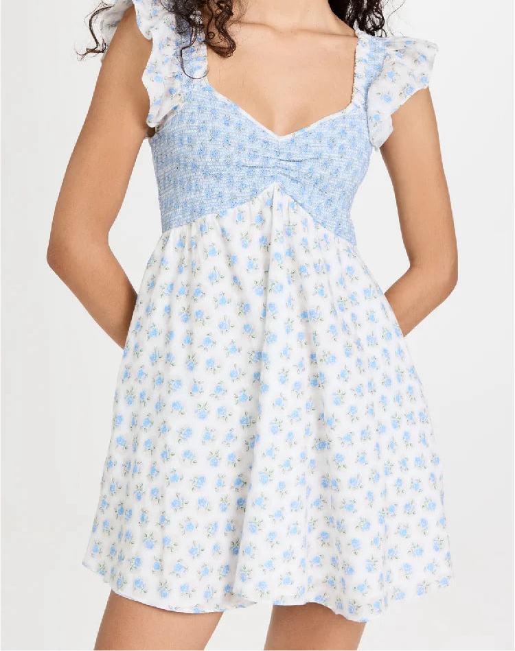 Blue Patchwork Printed Ruffle Strap Mini Dress