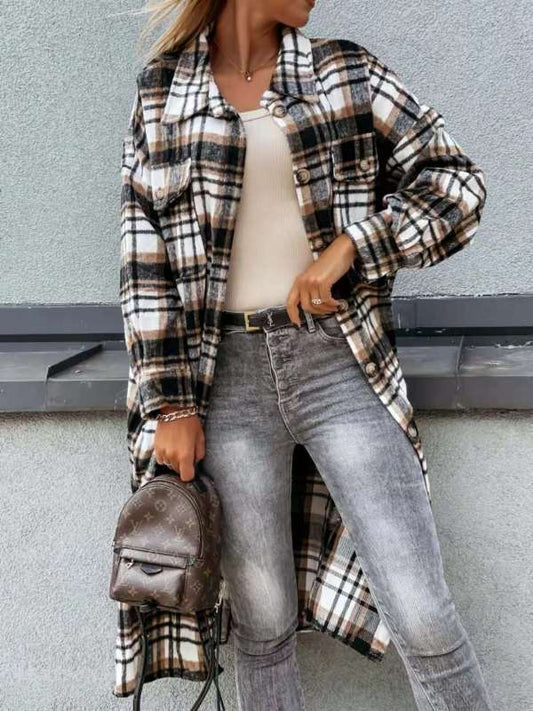 Women's Casual Long Plaid Shirt Jacket