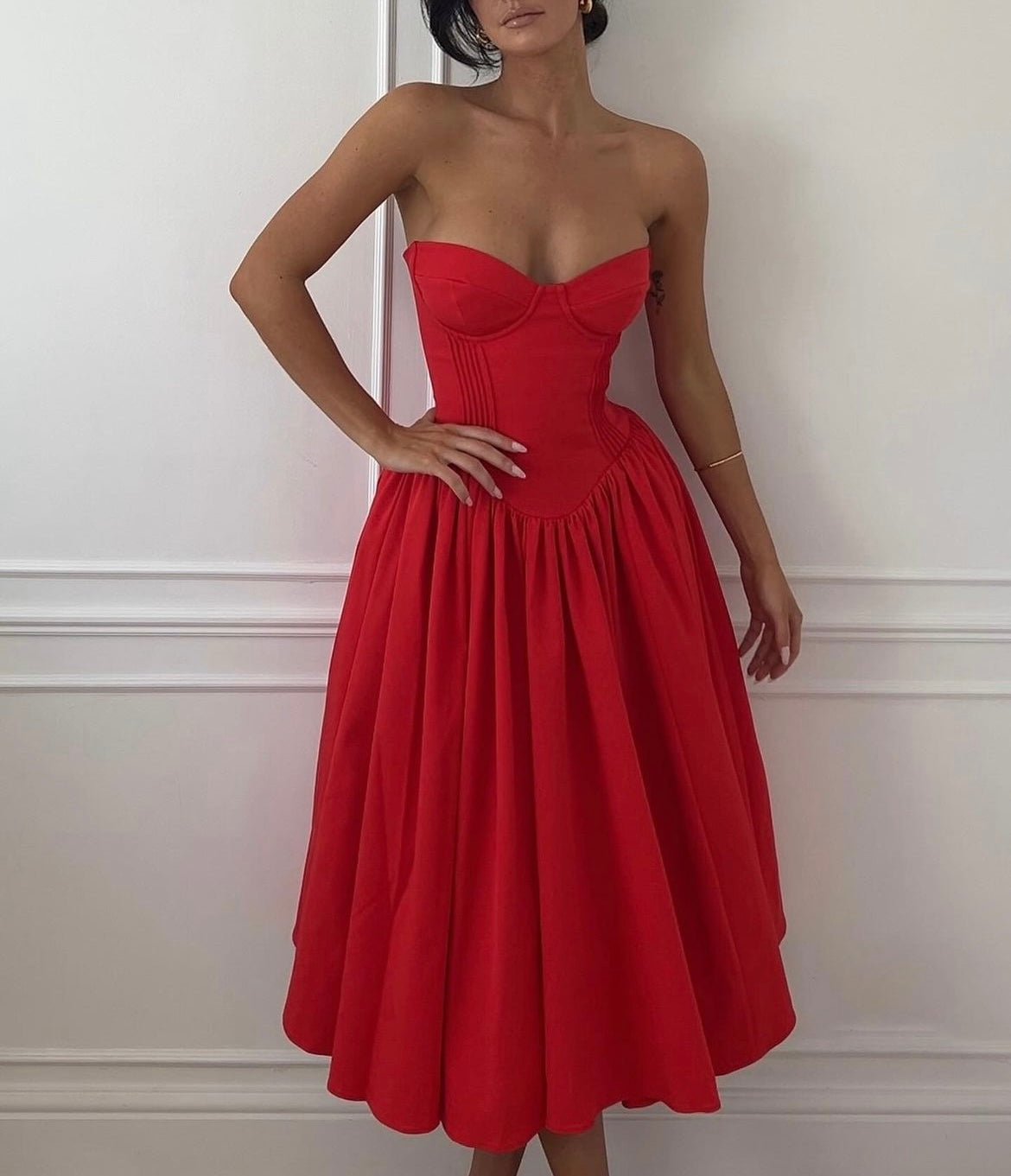 Red Bustier Pleated Flare Midi Dress