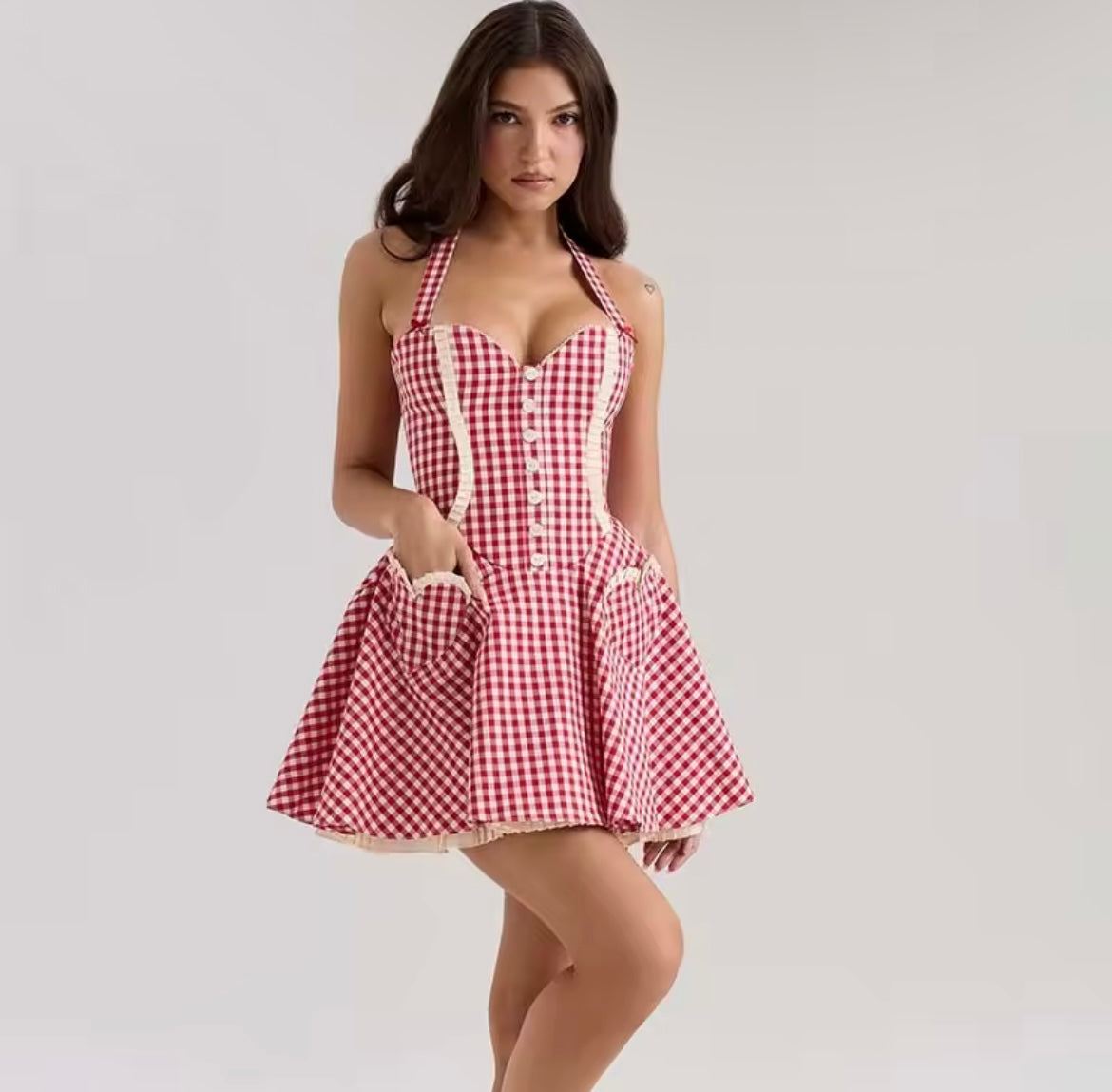 Red Plaid Print Heart Shaped Pocket Halter Mini Dress