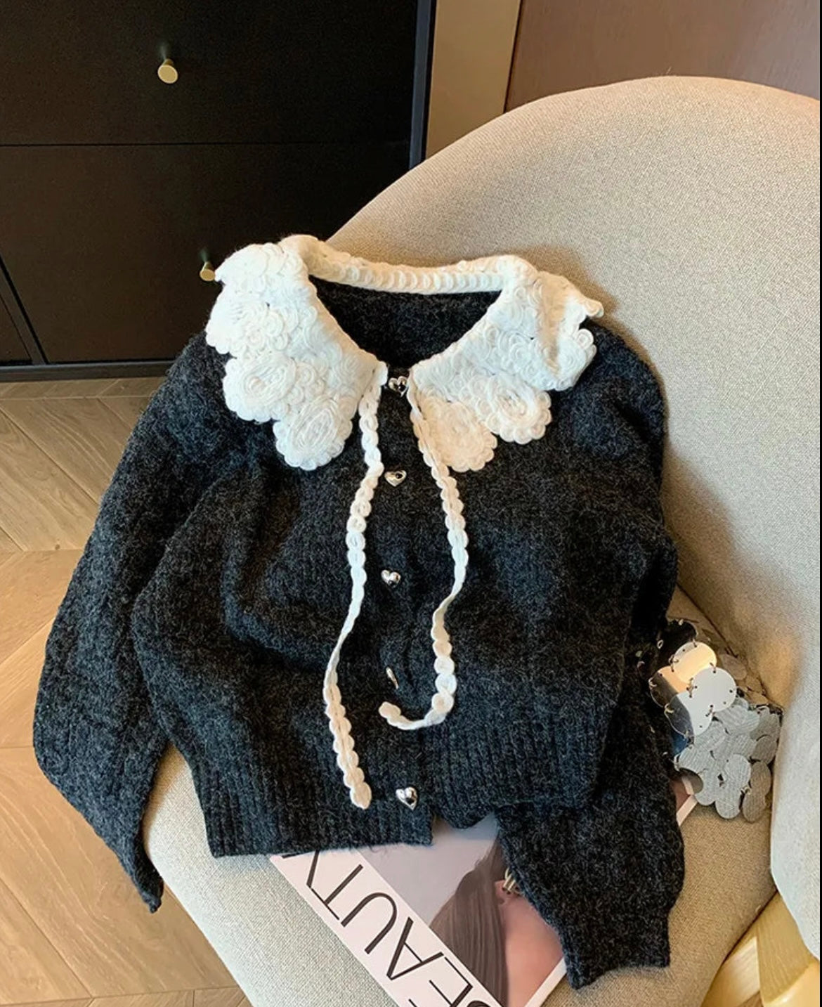 Black Knit Peter Pan Collar Cardigan