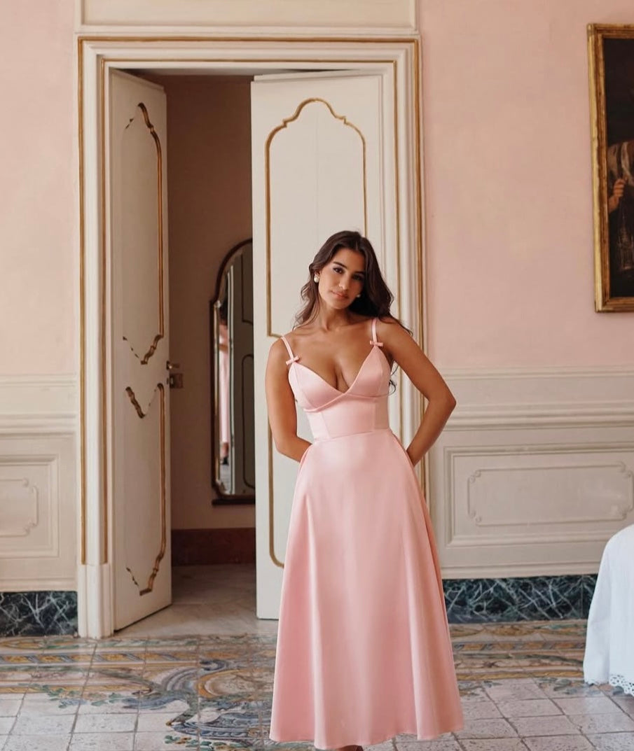 Pink Satin V-neck Bow Strap Flare Midi Dress