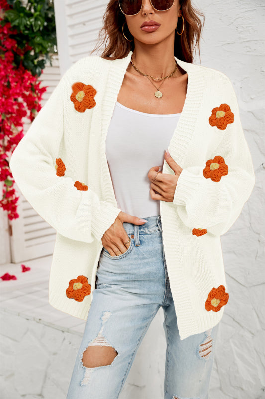 Long-Sleeved Floral Cardigan Lantern Sleeves Knitted Sweater Jacket