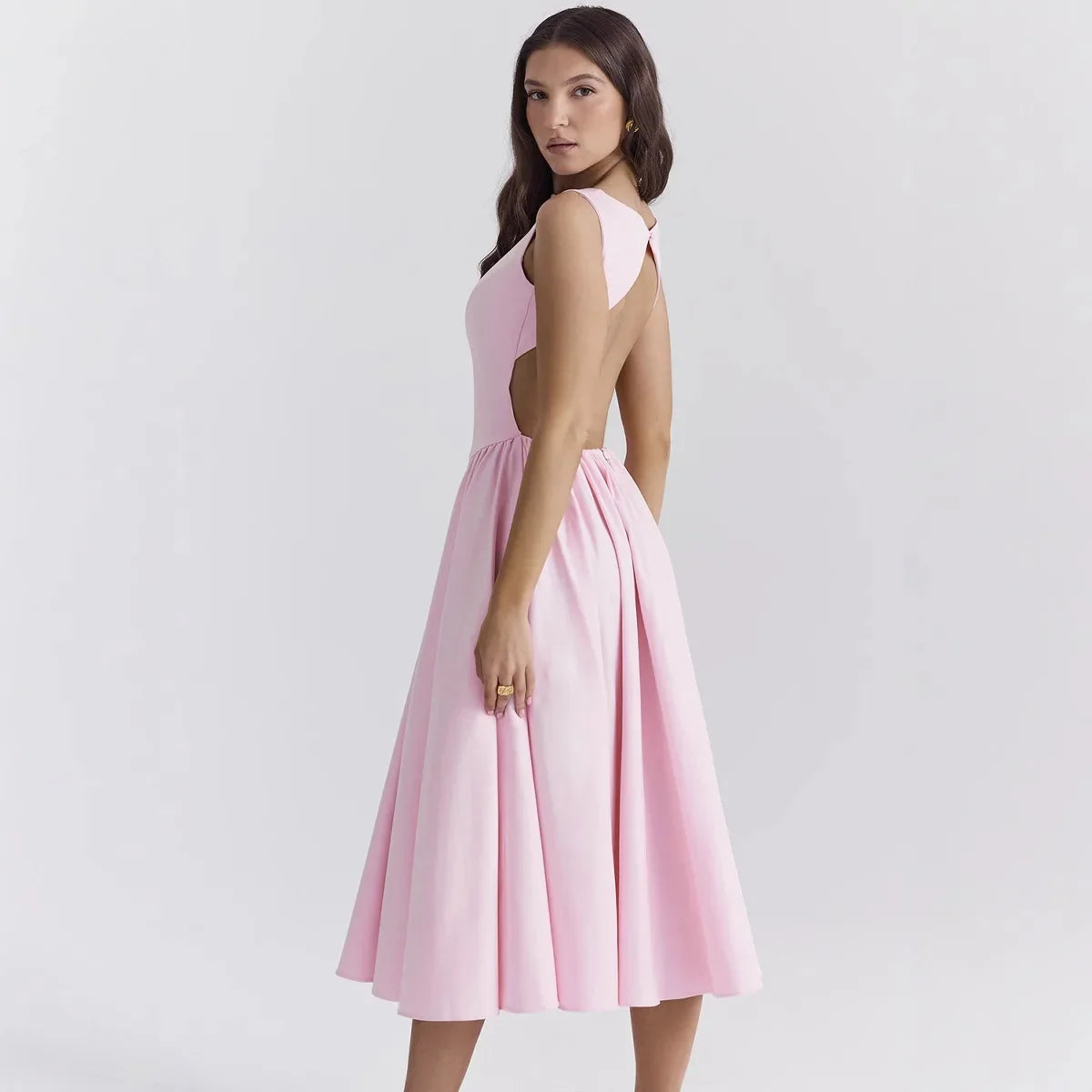 Pink High Neck Sleeveless Midi Dress