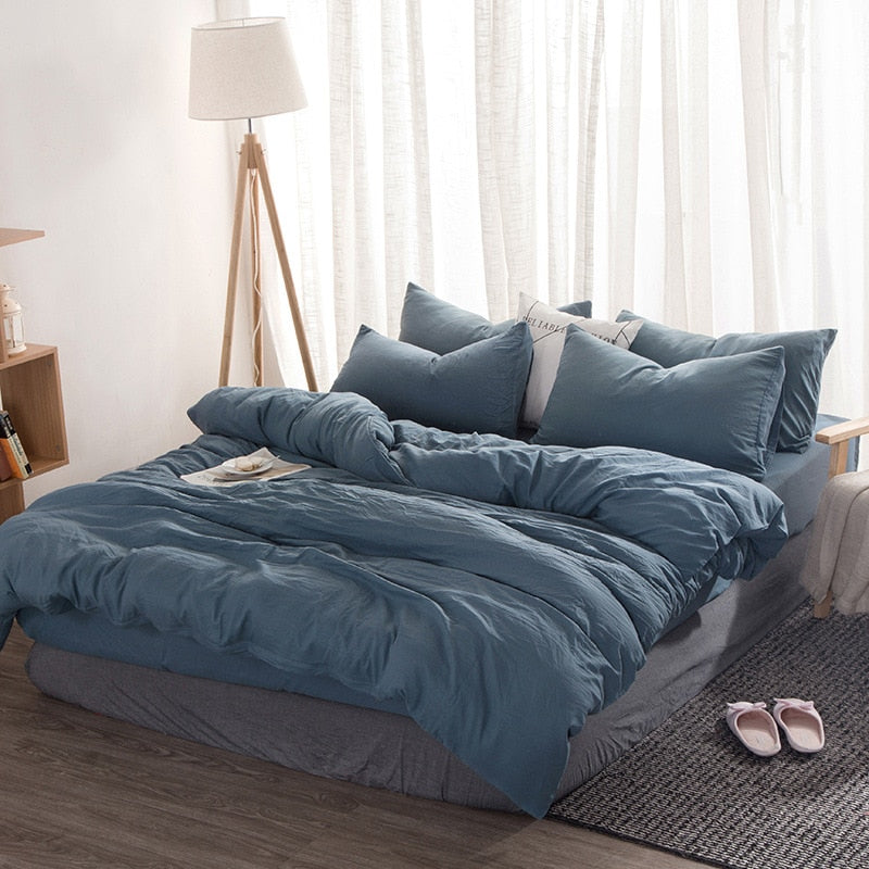Product Solid Color 3/4 Pcs Bedding Set Microfiber Bedclothes Navy Blue Gray Bed Linens Duvet Cover Set Bed Sheet