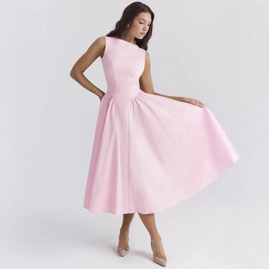 Pink High Neck Sleeveless Midi Dress