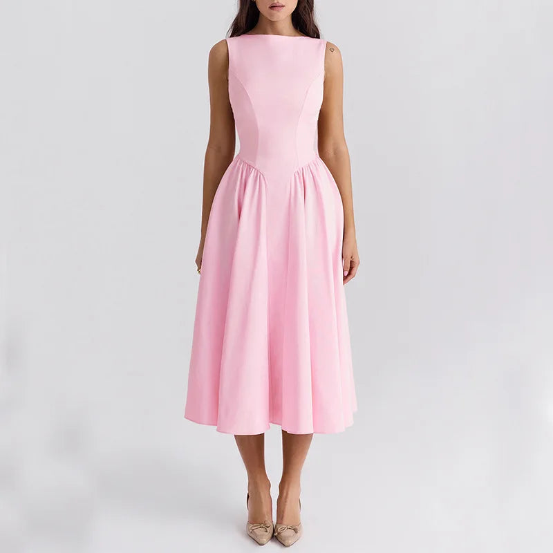 Pink High Neck Sleeveless Midi Dress