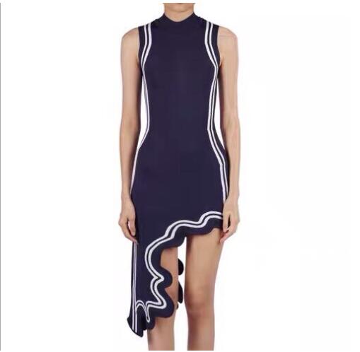 Asymmetrical Wavy Hem Round Collar Knit Midi Dress