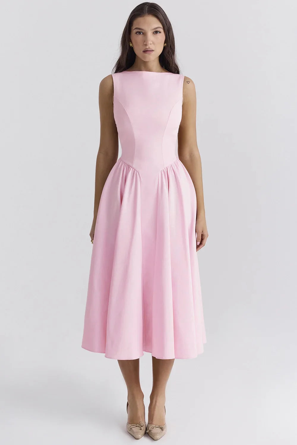 Pink High Neck Sleeveless Midi Dress