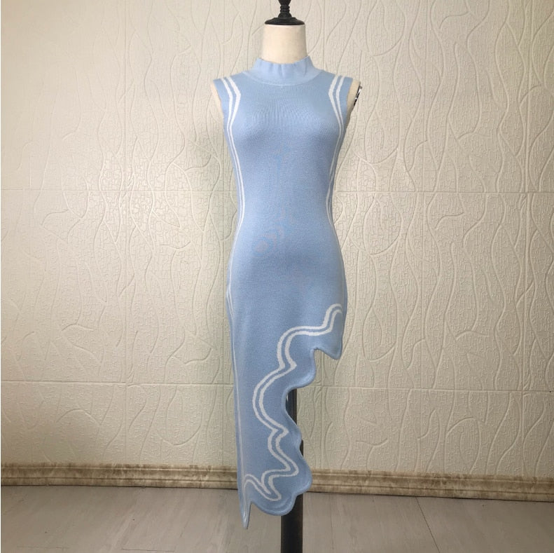 Asymmetrical Wavy Hem Round Collar Knit Midi Dress
