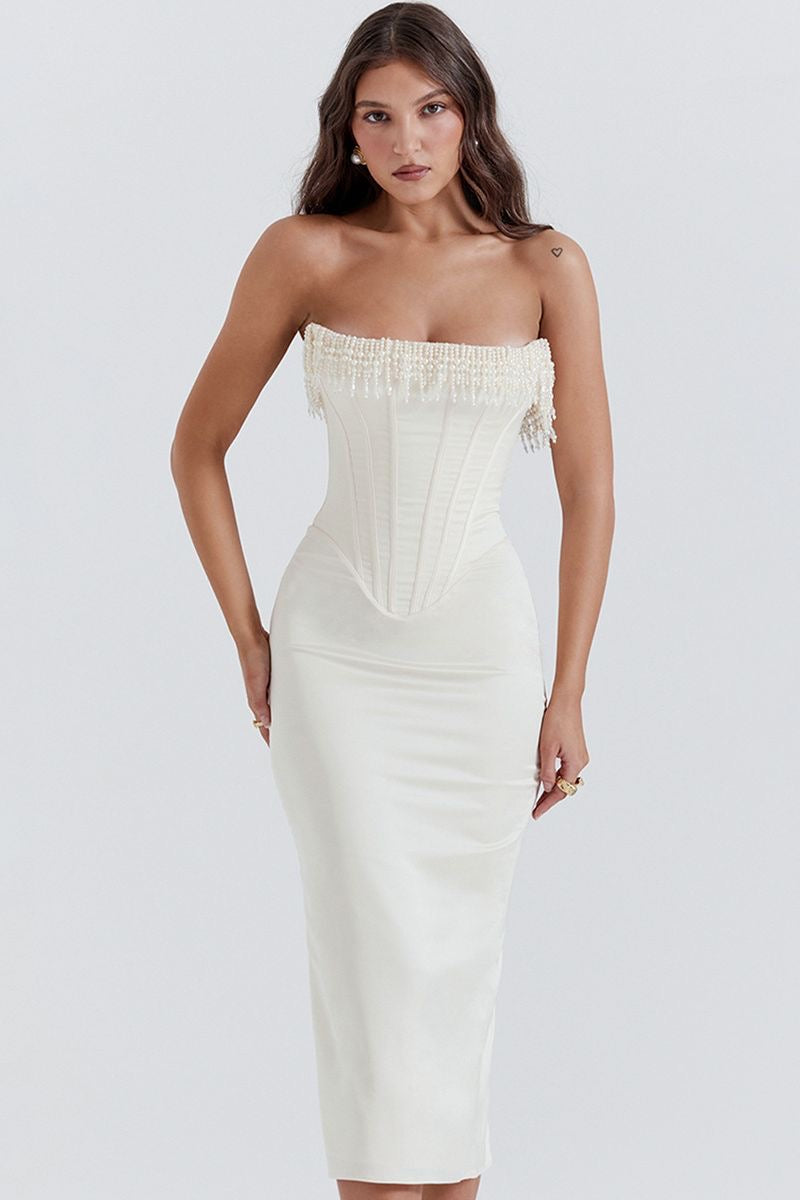 Satin Pearl Tassel Corset Tube Midi Dress