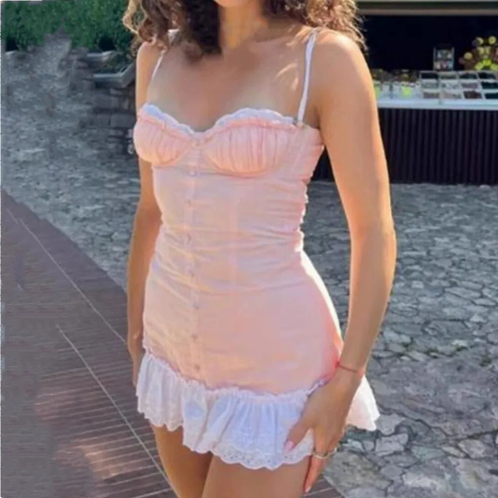 Ruffle Trim Button Cami Mini Dress