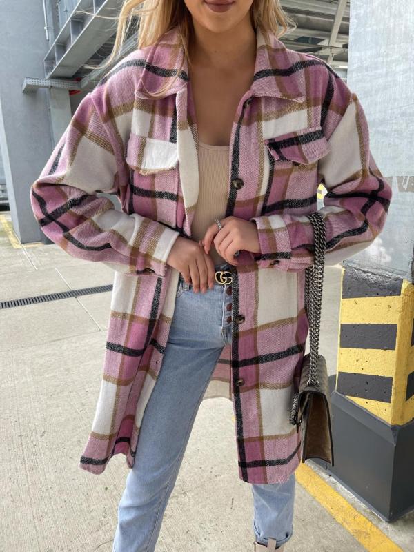 Women's Single-Breasted Plaid Long-Sleeved Shirt Jacket