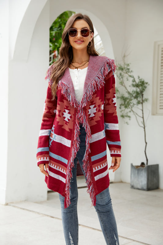 Women's Fringed Geometric Jacquard Sweater Cardigan