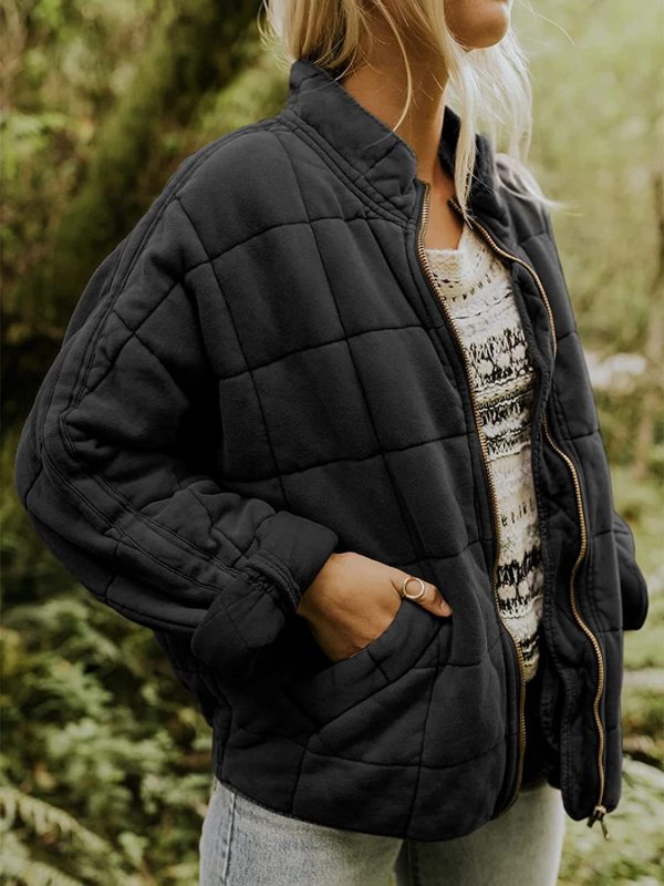 Solid Color Quilted Cotton Jacket with Loose Pockets and Long Sleeves