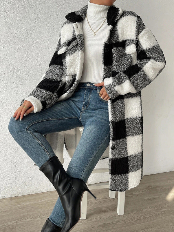 Autumn and Winter Open Buckle Lapel Plush Plaid Coat Loose Commuter Long Coat