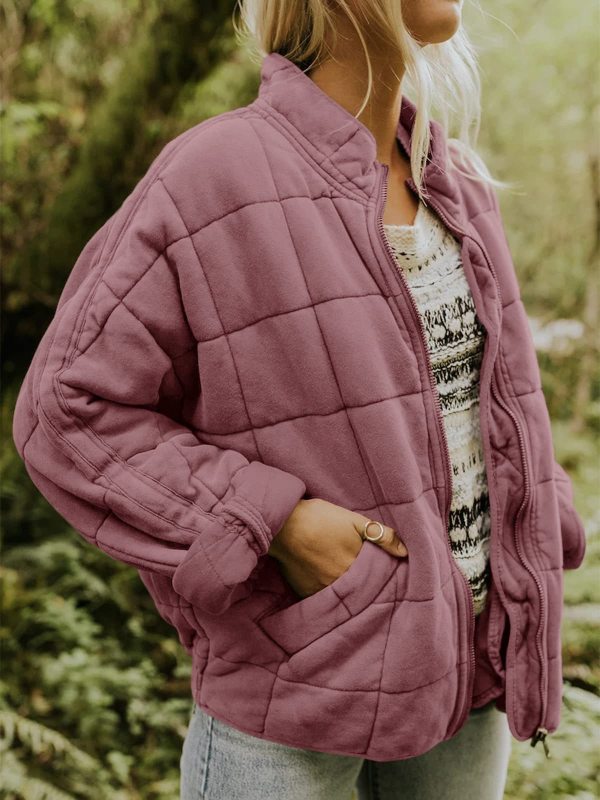 Solid Color Quilted Cotton Jacket with Loose Pockets and Long Sleeves