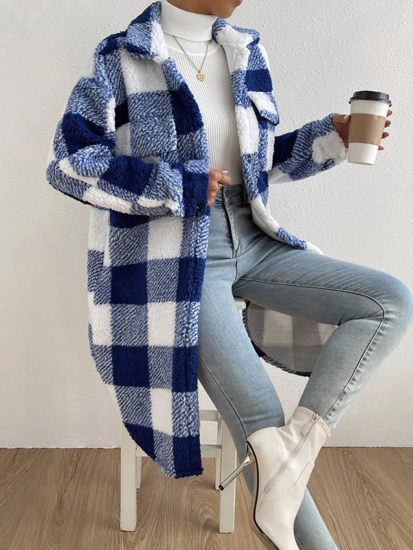 Autumn and Winter Open Buckle Lapel Plush Plaid Coat Loose Commuter Long Coat